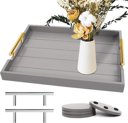 SXNOWS Coffee Table Trays - Large Ottoman Tray for Living Room -Wood Serving Tray with 2 Sets of Handles - Wooden Tray for Coffee Table, 4 Round Coasters Included, Black