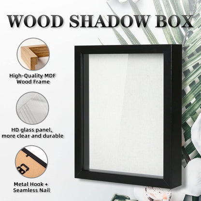 Muzilife 8x8 Shadow Box Picture Frame with Linen Board - Deep Wood & Glass Display Case Ready to Hang Memory Box Baby Sports Memorabilia, Pins, Awards, Medals, Wedding, Tickets and Photos (Black)
