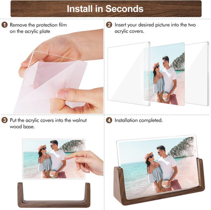 Mixoo 4x6 Picture Frame 2 Pack - Rustic Wooden Picture Frames with Walnut Wood Base and High Definition Break Free Acrylic Photo Covers for Desk Tabletop Display Graduation Gifts Teacher Appreciation Gifts (Horizontal + Vertical)