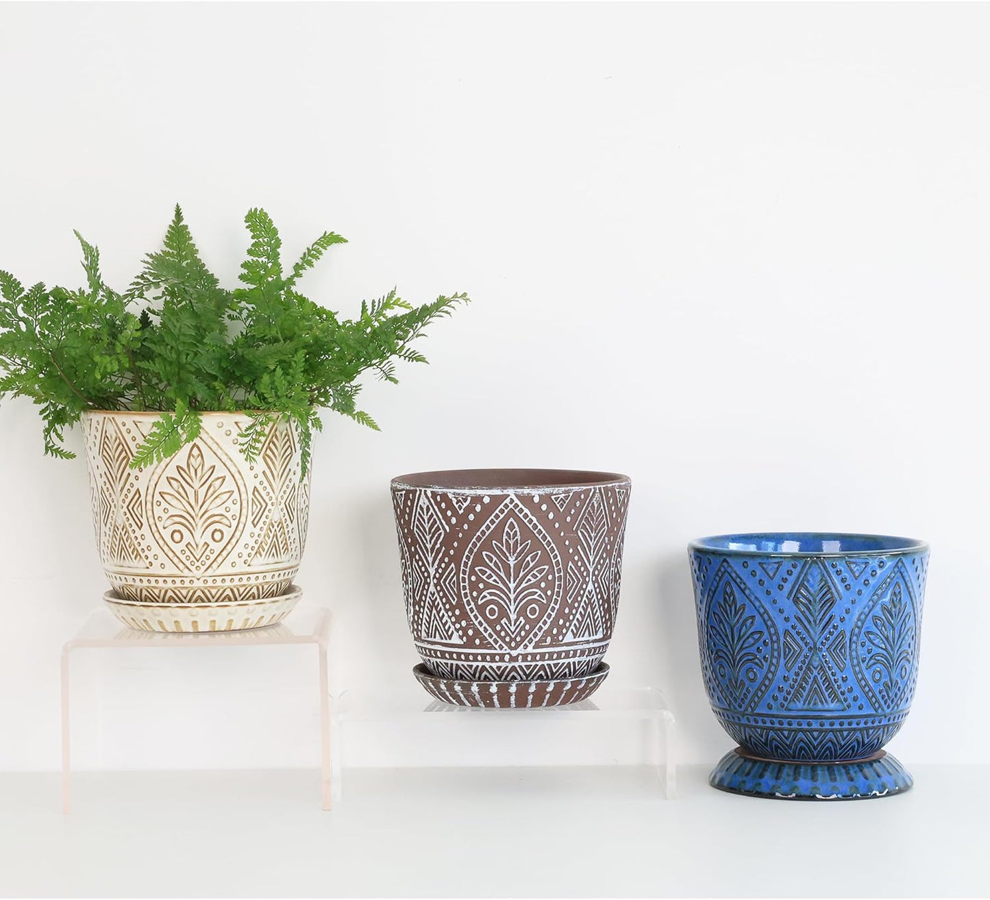 Gepege 6 Inch Beaded Ceramic Planter Set of 2 with Drainage Hole and Saucer for Plants, Indoor-Outdoor Large Round Succulent Orchid Flower Pot (Smoked Gray, Inner-pots not Larger Than 5 Inch)