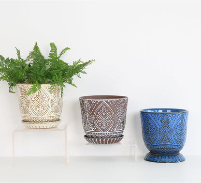 Gepege 6 Inch Beaded Ceramic Planter Set of 2 with Drainage Hole and Saucer for Plants, Indoor-Outdoor Large Round Succulent Orchid Flower Pot (Smoked Gray, Inner-pots not Larger Than 5 Inch)