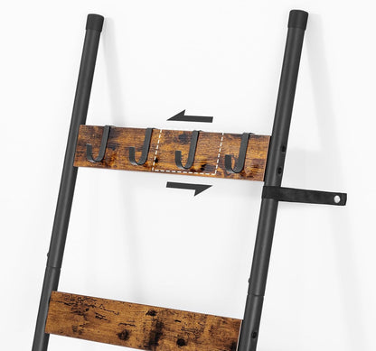 HOOBRO Blanket Ladder, 5-Tier Towel Rack with Hooks, Wall-Leaning Blanket Rack, Decorative Display Ladder Shelf, for Scarves, Industrial, Living Room, Bedroom, Rustic Brown and Black BF52CJ01