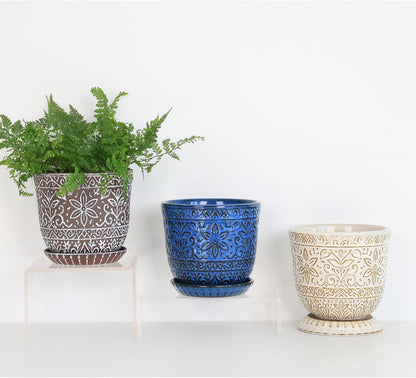 Gepege 6 Inch Beaded Ceramic Planter Set of 2 with Drainage Hole and Saucer for Plants, Indoor-Outdoor Large Round Succulent Orchid Flower Pot (Smoked Gray, Inner-pots not Larger Than 5 Inch)