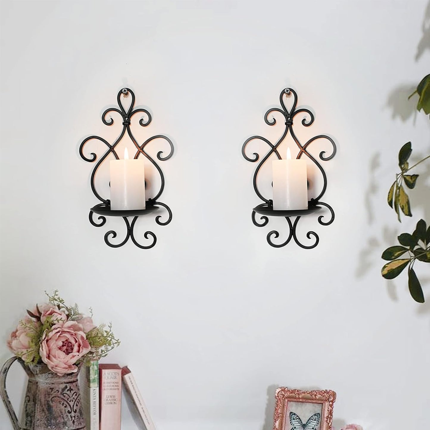 Metal Wall Candle Sconce Holder Set of 2 Hanging Wall Mounted Candle Sconces Holder, Wall Sconces Decor for Bedroom Dining Room, Black 10inch×6inch