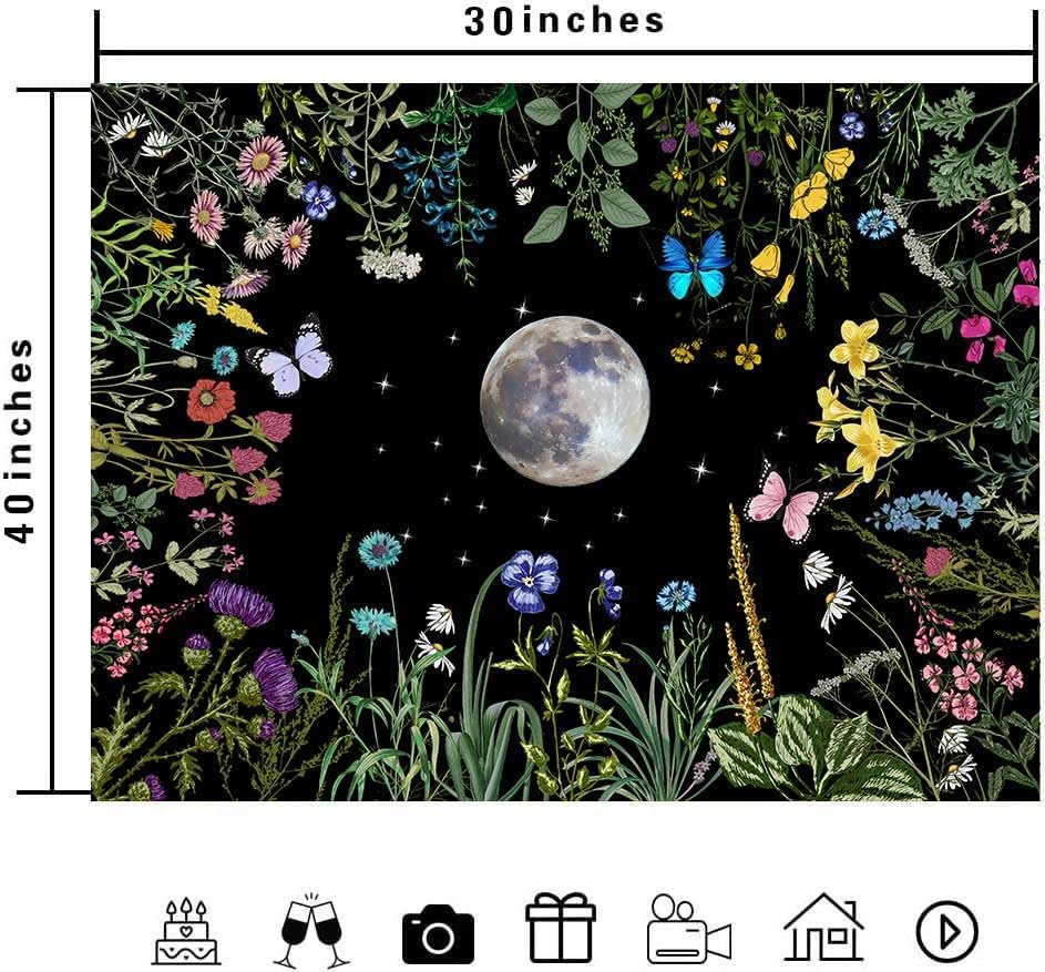 TPMDFC Moon Garden Tapestry, 80x60inch, Boho Moon Floral Tapestry for Bedroom Nature Flowers Plants Tapestries Wall Hanging for Living Room Dorm