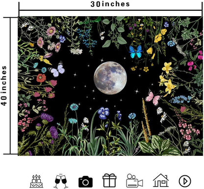 TPMDFC Moon Garden Tapestry, 80x60inch, Boho Moon Floral Tapestry for Bedroom Nature Flowers Plants Tapestries Wall Hanging for Living Room Dorm