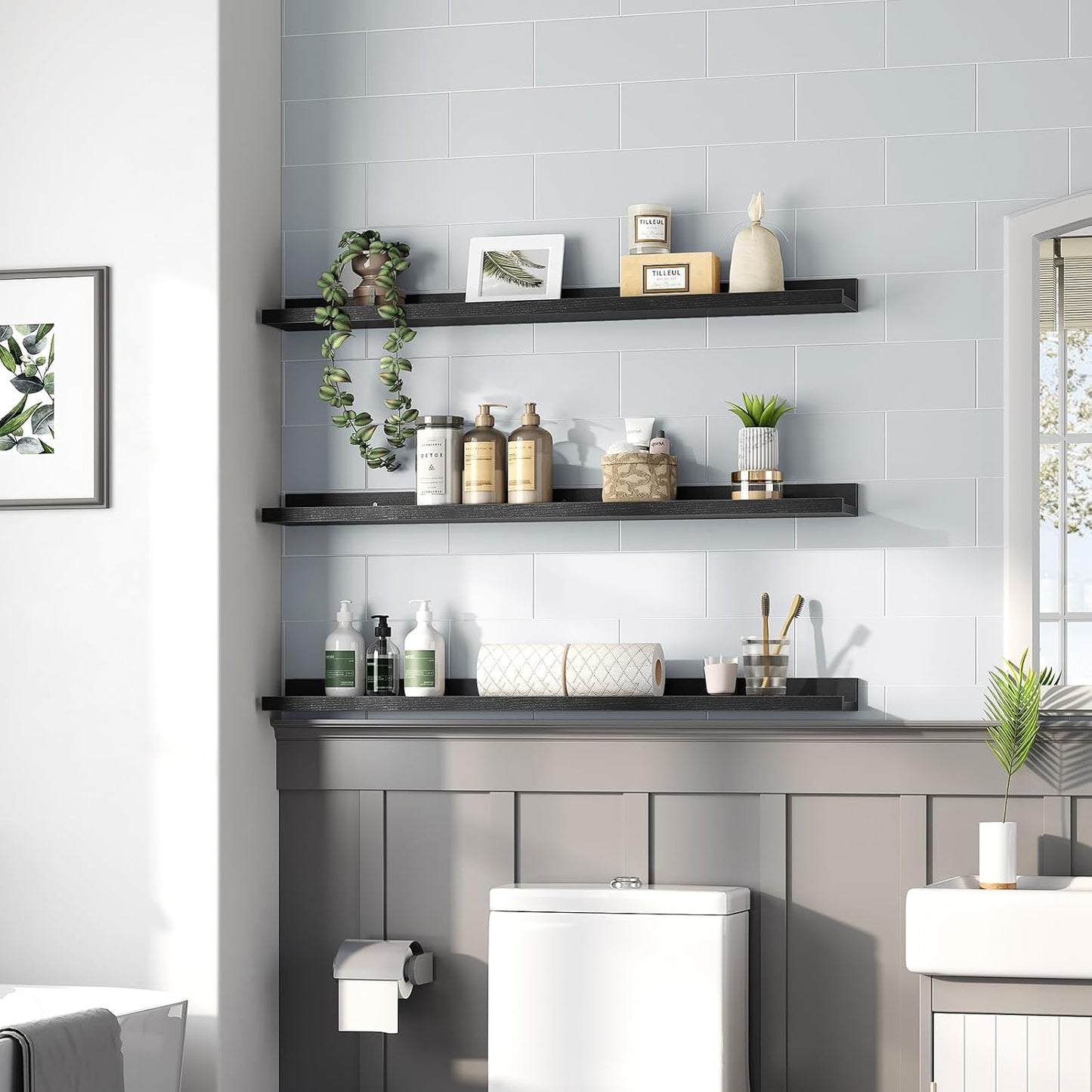 HOOBRO Floating Shelves, Wall Shelf Set of 3, 35.4 Inches Hanging Shelf with Raised Edge and Invisible Brackets, for Bathroom, Bedroom, Kitchen, Office, Living Room Decor, Rustic Brown BF90BJ01