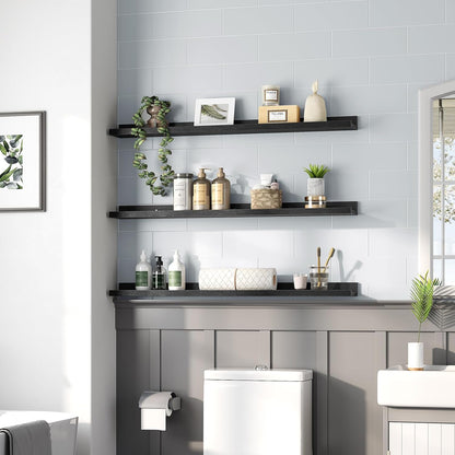 HOOBRO Floating Shelves, Wall Shelf Set of 3, 35.4 Inches Hanging Shelf with Raised Edge and Invisible Brackets, for Bathroom, Bedroom, Kitchen, Office, Living Room Decor, Rustic Brown BF90BJ01