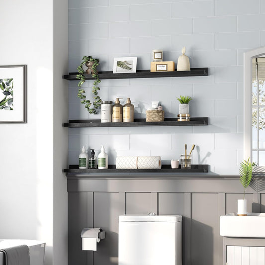 HOOBRO Floating Shelves, Wall Shelf Set of 3, 35.4 Inches Hanging Shelf with Raised Edge and Invisible Brackets, for Bathroom, Bedroom, Kitchen, Office, Living Room Decor, Rustic Brown BF90BJ01