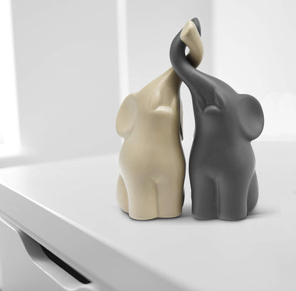 Vaudagio Loving Pair of Elephants in Beige & Grey - Modern Ceramic Sculpture - Figurine as a Set - Decoration Figure 6.3" high - Ornament Elephant in Love