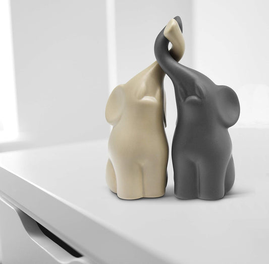 Vaudagio Loving Pair of Elephants in Beige & Grey - Modern Ceramic Sculpture - Figurine as a Set - Decoration Figure 6.3" high - Ornament Elephant in Love