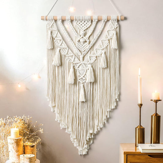 Dremisland Macrame Woven Wall Hanging Boho Geometric Woven Tapestry Beige & Grey Cotton Handmade Bohemian Art Decor with Tassel Craft Ornament for Bedroom Living Room Apartment Nursery (Grey)