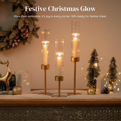 Gold Hurricane Taper Candle Holders: Glasseam 3Pcs Brass Candlestick Holders with Ribbed Glass Cylinder Cover Fluted Tall Candle Sticks Holder Decor for Table Centerpiece Wedding Christmas Decorations