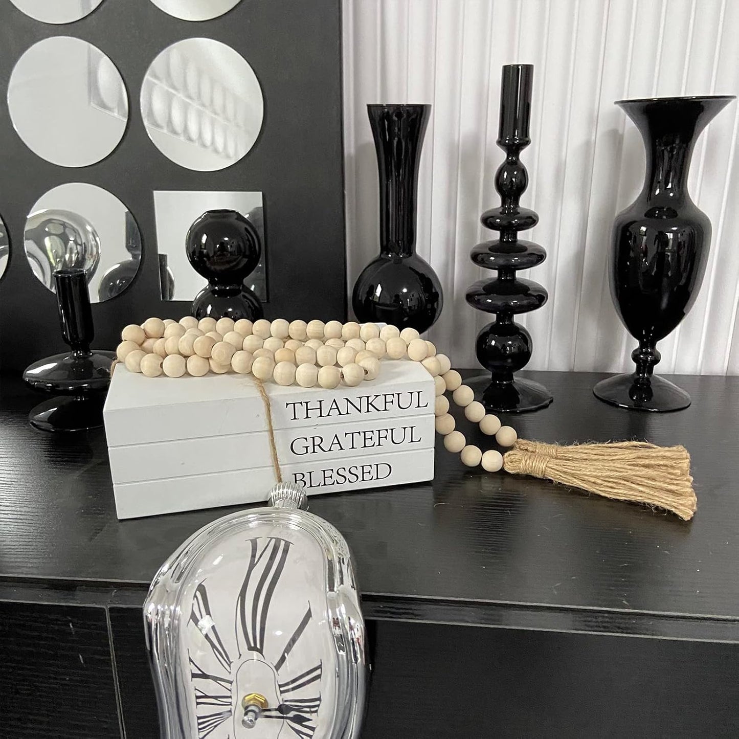 Decorative Books for Home Decor, White Faux Books for Decoration, Rustic Farmhouse Stacked Display Books with 52in Wood Bead Garland for Coffee Tables Living Room (TAKE TIME to DO)