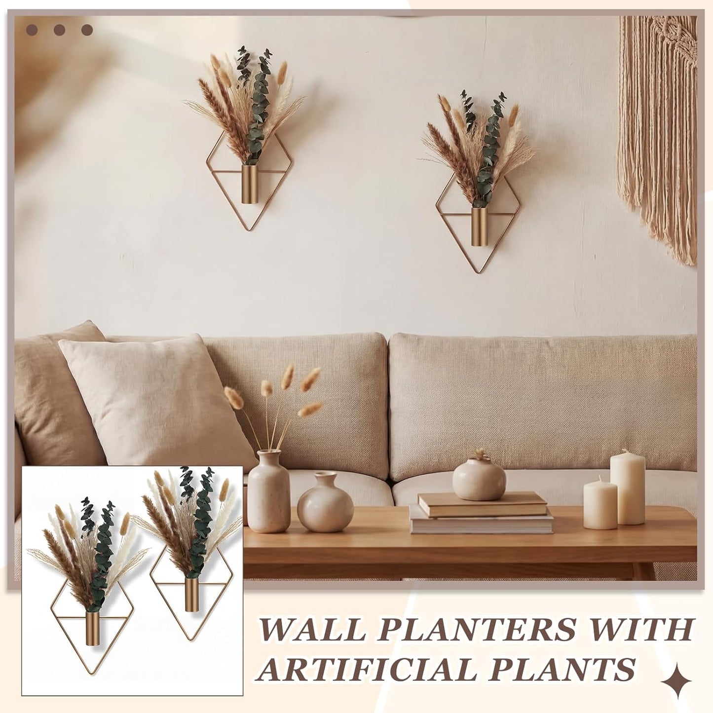 Jexine 4 Pcs Hanging Planters with Artificial Eucalyptus Metal Hanging Vase Indoor Plants Holder Modern Geometric Boho Bathroom Wall Decor for Living Room Home Office(Black)