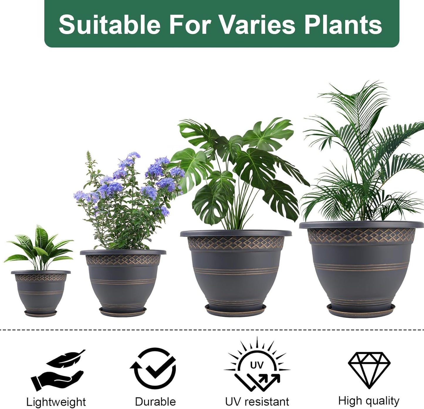 Usocik 10 Inch 4 Pack Plant Pots, Plastic Flower Pot for Indoor & Outdoor with Drainage Holes & Saucer, Plaid Pattern Planters Garden Pots for Herbs