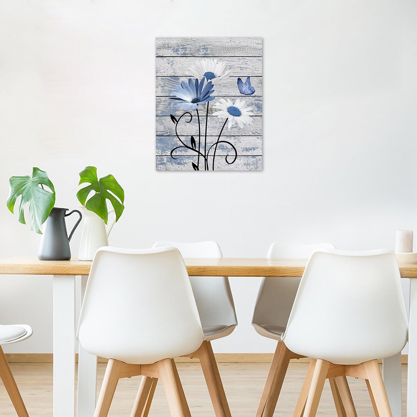 HVEST Farmhouse Floral Wall Art for Living Room, Blue and White Daisy Flower and Butterfly on Rustic Wood Board Canvas Wall Art Framed Artwork Ready to Hang for Bathroom Bedroom Decor, 16L X 12W