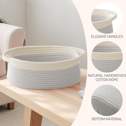 JMvicyroam Woven Basket,Small Rope Storage Bin with Handles & Ribbon Bag, Organizer for Shelves Closets,Gift Basket Empty for Birthday,Books,Dog Toys,White