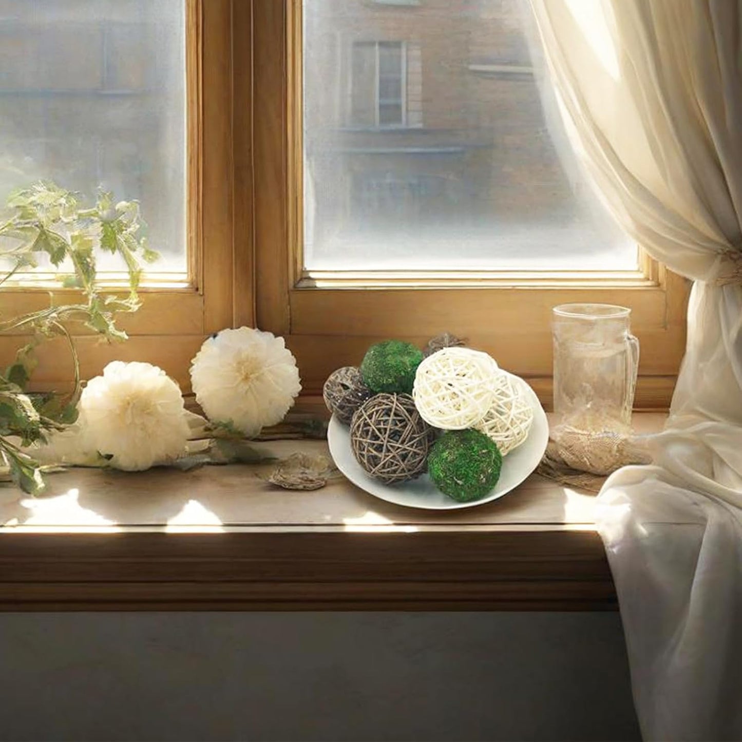 15pcs Decorative Balls for Vase Centerpiece Bowls Orbs Filler Table Decor, 2.4 in Wicker Rattan Balls and Moss Balls Set(Green + Brown + White)