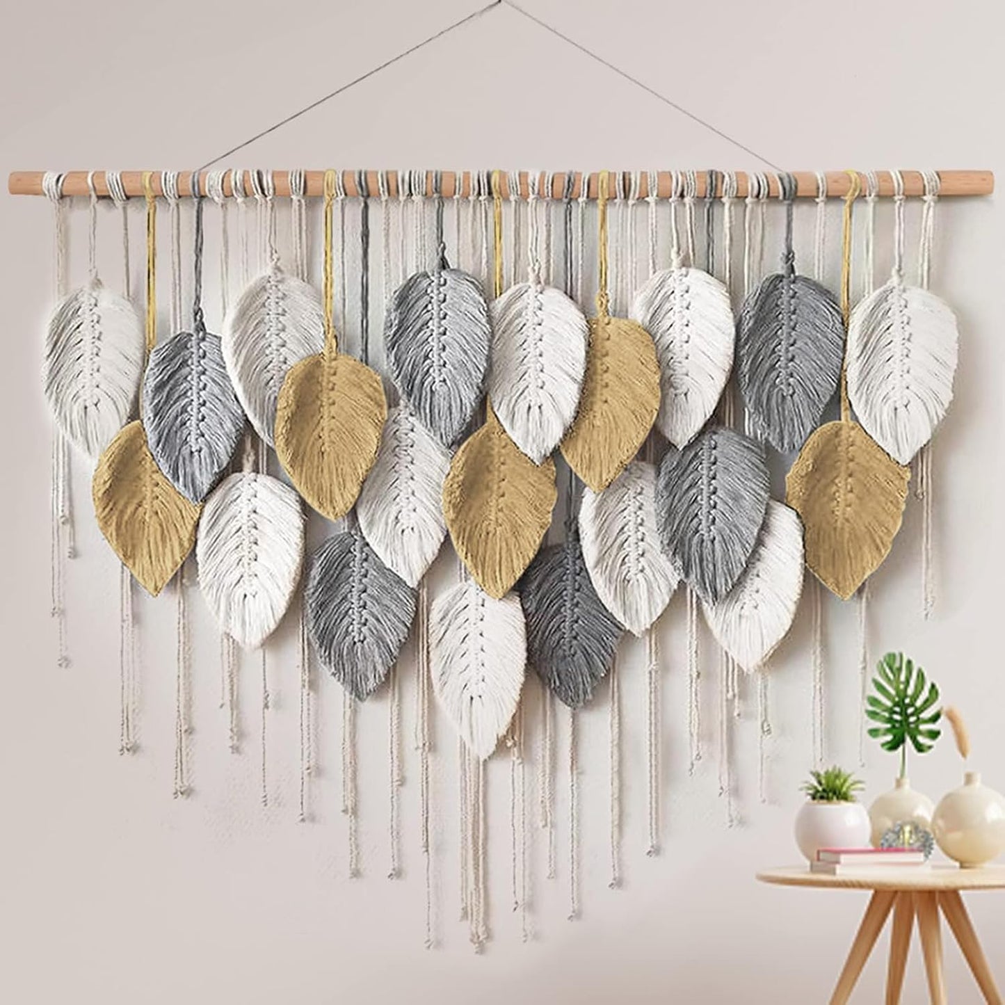 LOMOHOO Macrame Wall Hanging Boho Beige Leaves Tapestry Bohemian Handmade Woven Wall Art Decoration for Bedroom Living Room Apartment Dorm Gallery Perfect Handmade Gift Ideas