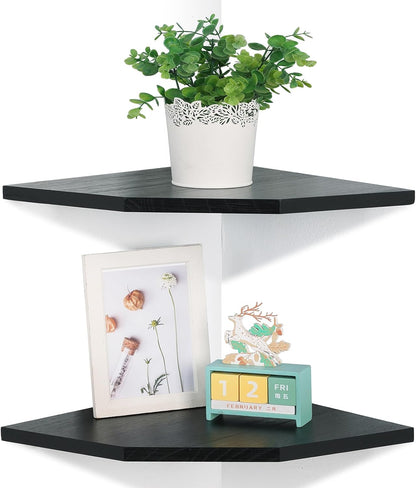 Joiishom Wood Corner Wall Shelves Set of 2, Solid Wood Corner Floating Shelves for Wall, Round End Wall Mounted Floating Corner Shelf for Bedroom, Living Room and Kitchen. (Brown-10 inch)