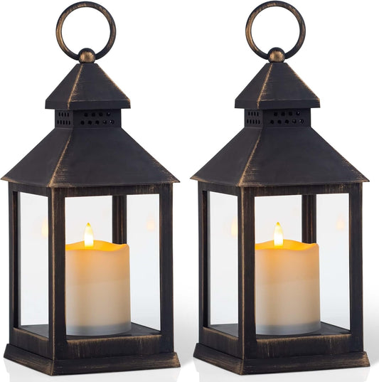 Vintage Golden Brushed Black Lantern Decorative LED Flickering Flameless Candle with Timer, Battery Powered LED Decorative Hanging Lanterns for Indoor Outdoor Garden Yard Home Decor(2 Pack)