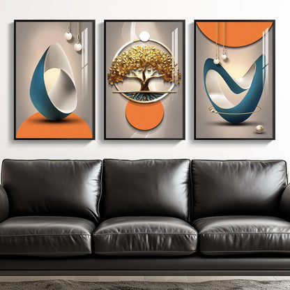 Framed Modern Luxury Gold Wall Art, Set of 3 Piece Contemporary Paintings Artwork for Walls, Golden Prints Pictures with Gold Frame, Wall Decor for Living Room, Hallway, Bedroom, Office 16x24 Inch