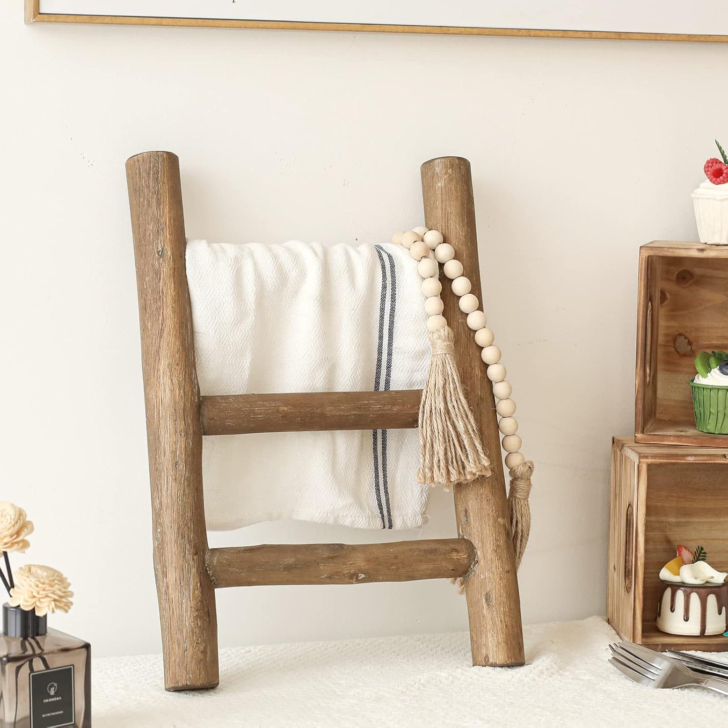 FUIN 57in Wood Blanket Ladder Living Room Decorative Wall Leaning Farmhouse Quilt Display Holder Rustic Wooden Towel Rack for Bathroom, Brown