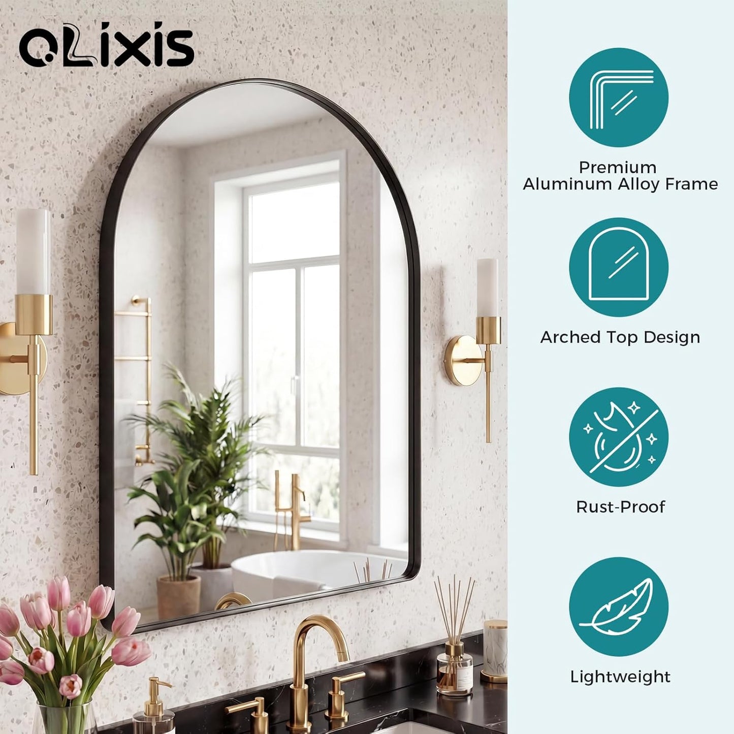 OLIXIS Arched Bathroom Mirror for Over Sink, 34x32 Inch Wall Mirror Arched Rounded Rectangle, Modern Wall Mount Vanity Mirror with Matte Metal Deep Framed, for Home Decor, Living Room, Black