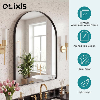 OLIXIS Arched Bathroom Mirror for Over Sink, 34x32 Inch Wall Mirror Arched Rounded Rectangle, Modern Wall Mount Vanity Mirror with Matte Metal Deep Framed, for Home Decor, Living Room, Black