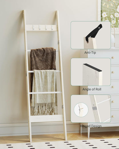 Hzuaneri Blanket Ladder for Living Room, Decorative Quilt Rack with 4 Removable Hooks, 5-Tier Farmhouse Ladder Holder Shelf Organizer for Bedroom, Rustic Brown and Black 02101BBR