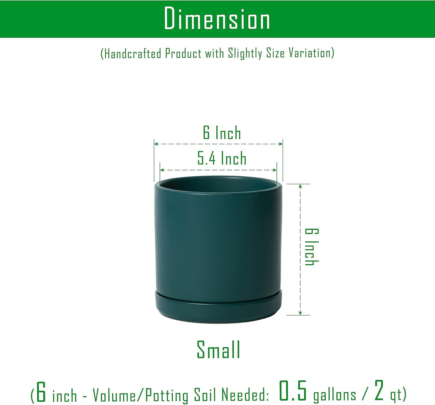 D'vine Dev 6.5 Inch Ceramic Planter Pot with Drainage Hole and Saucer, Indoor Cylinder Round Planter Pot, Olive, 94-O-C-J