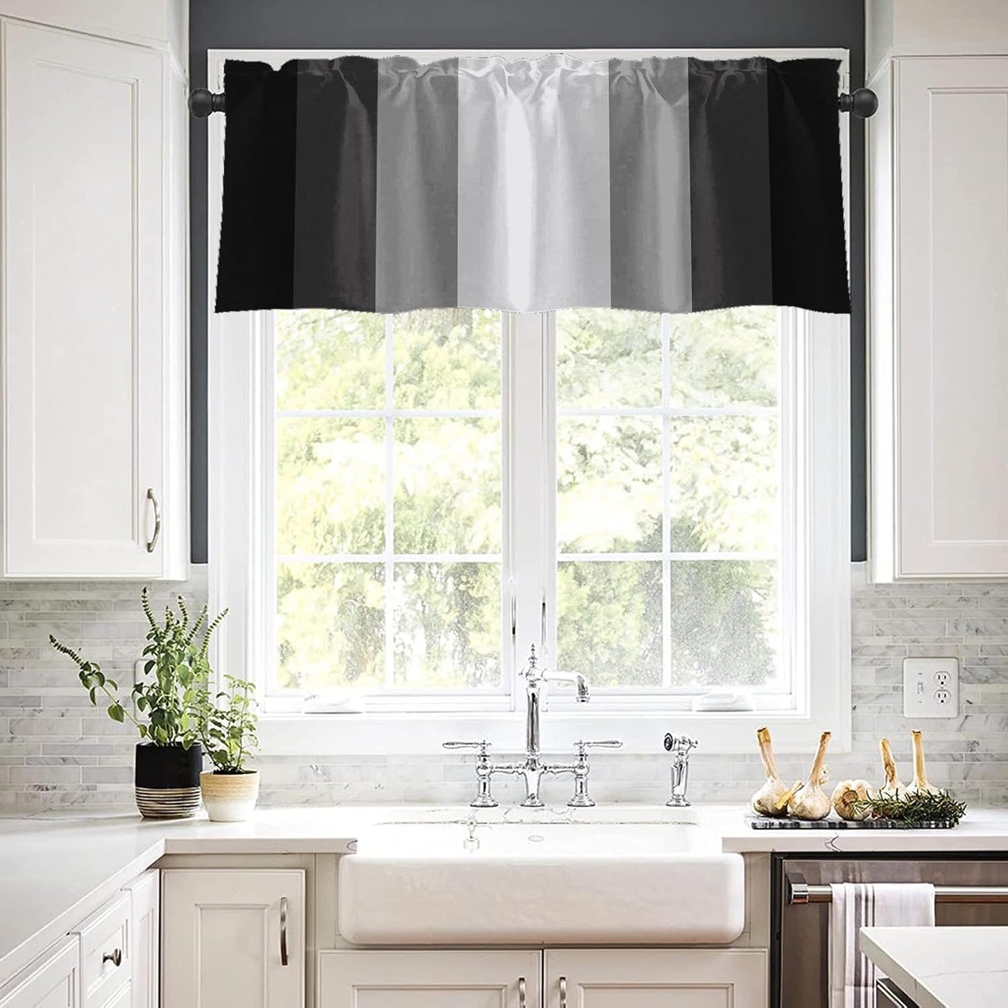 Emvency 2 Pack Dark Grey Valances Window Treatments, Gray Striped Abstract Blackout Drapes Adjustable Curtain for Windows Living Room Kitchen Over Sink, 52x18 Inch Rod Pocket Valances