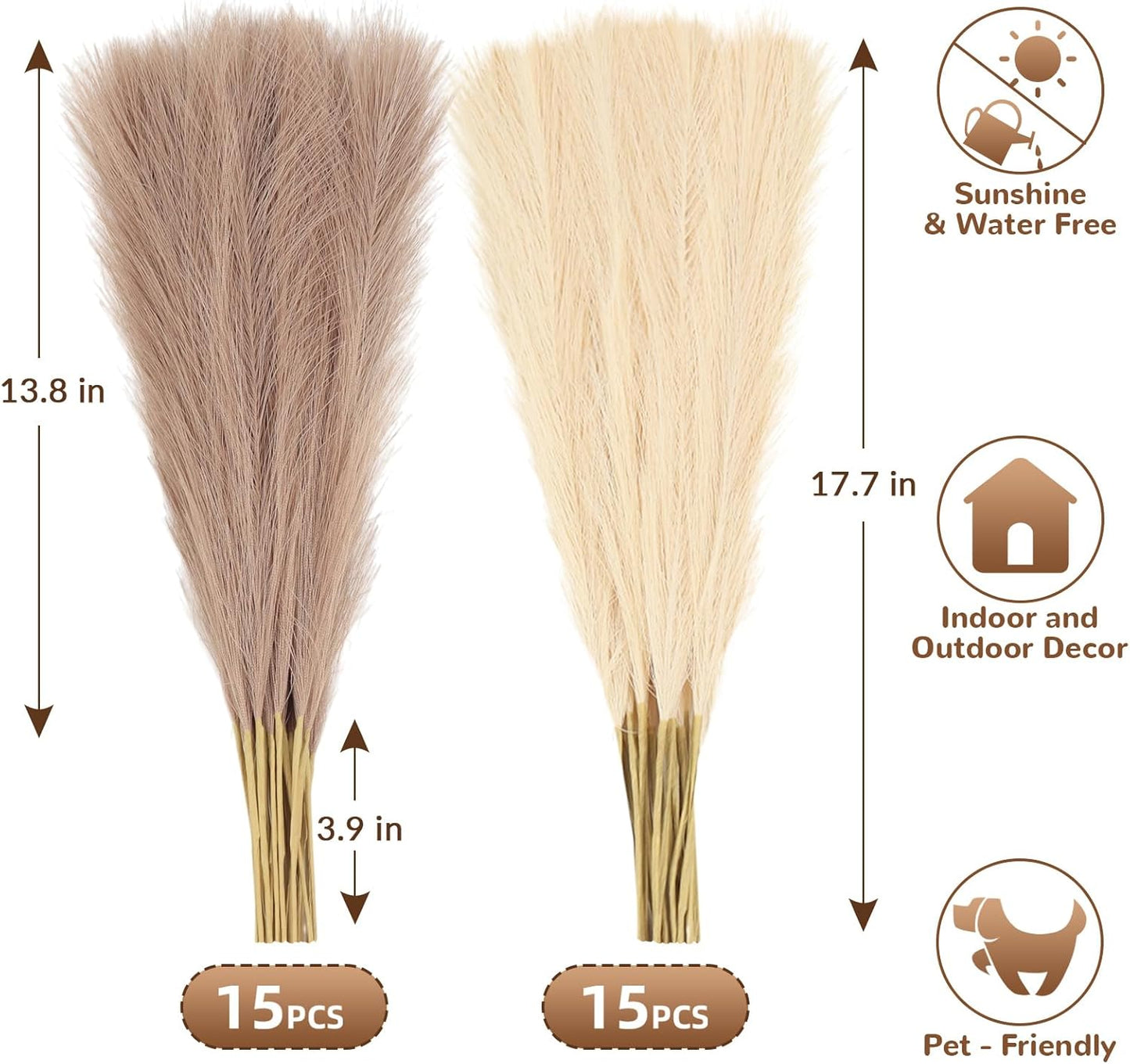 30pcs Pampas Grass Decor,21" Artificial Pompous Grass Bulk,Small Vase Filler Pompas Grass for Home Wedding Living Room Wall Party Decoration (Beige,Light Brown, 21 Inch 30 Pcs)