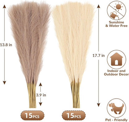 30pcs Pampas Grass Decor,21" Artificial Pompous Grass Bulk,Small Vase Filler Pompas Grass for Home Wedding Living Room Wall Party Decoration (Beige,Light Brown, 21 Inch 30 Pcs)