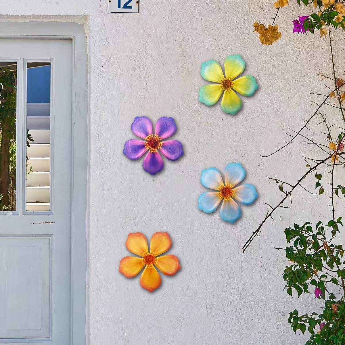 Giyyomtr Metal Flowers Wall Decor - 4pcs 6.2'' Metal Wall Art Hanging Decorations for Outdoor Fence Garden Yard Patio Exterior Wall Decor