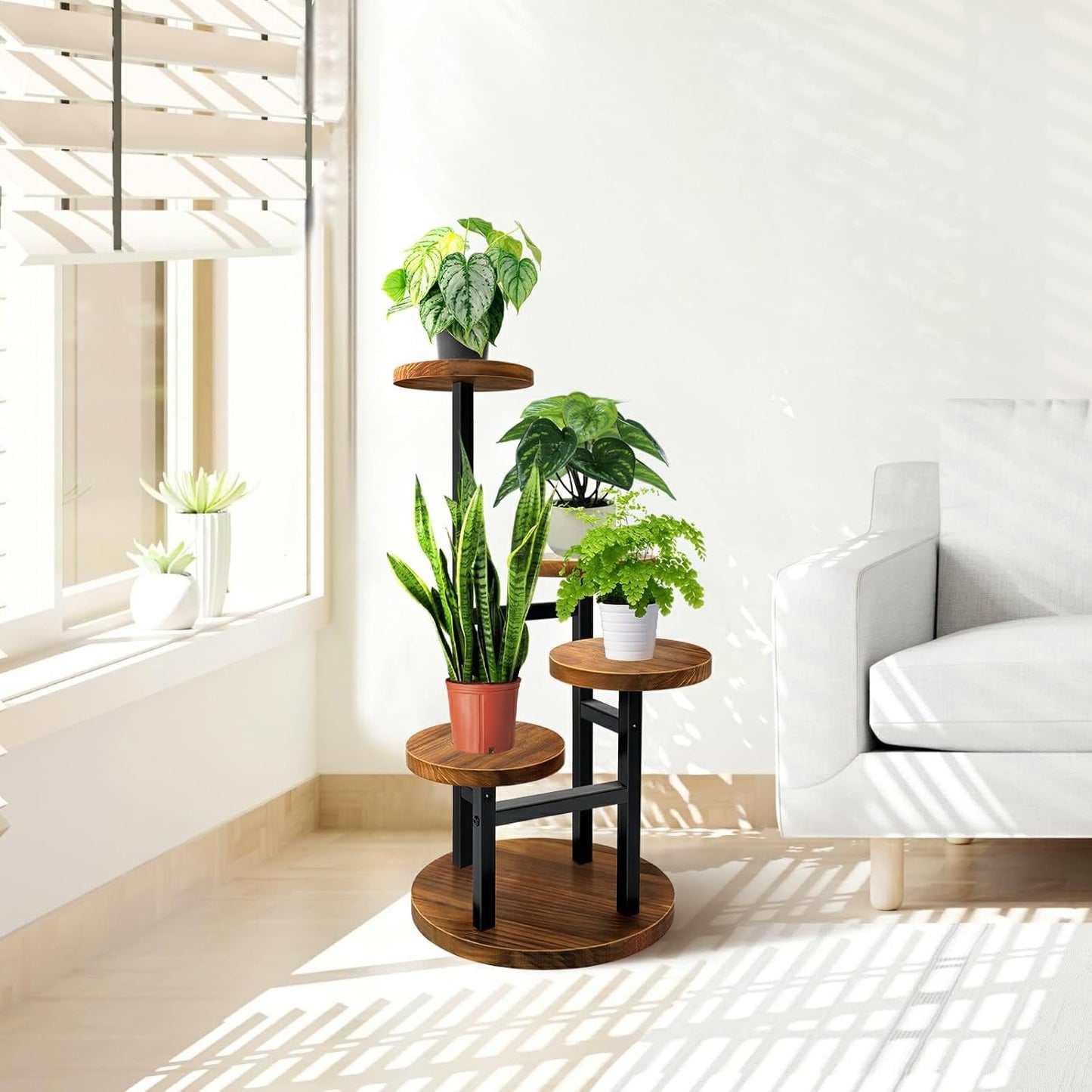 AUGOSTA 3 Tier Plant Stand, Tall Metal Wood Shelf Holder for Indoor, Outdoor Display Rack Flower Pot Stand for Corner Living Room Balcony Garden Patio