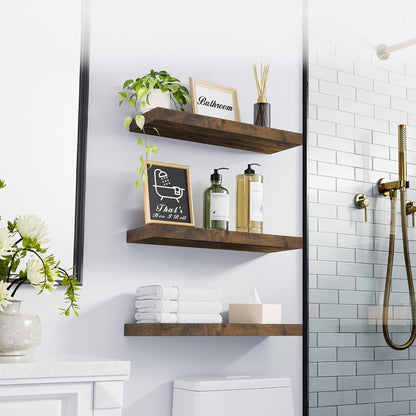 BAYKA Floating Shelves for Wall, Set of 3, Wall Mounted Rustic Wood Shelves for Bathroom, Bedroom, Living Room, Kitchen, Small Hanging Shelf for Books/Storage/Room Decor, Walnut-Like, 15.7in