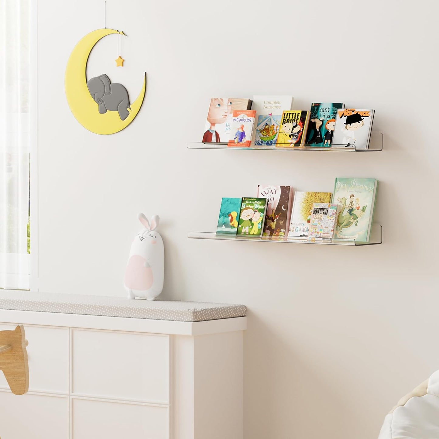 upsimples 6 Pack Acrylic Shelves for Wall Storage, 15" x 4“ Floating Bookshelves for Kids, Display Shelf Organizer for Bathroom, Bedroom, Living Room, Kitchen, Room Decor, Clear