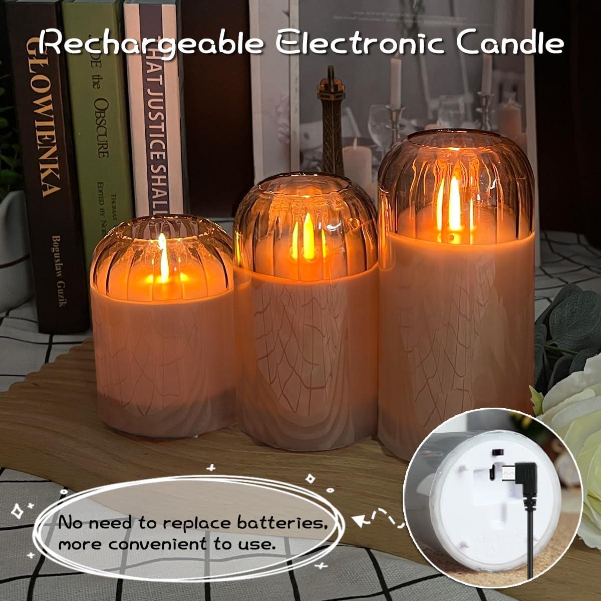 Rechargeable Flameless Glass Pillar Candles–Gifts for Women,–Set of 3, Realistic Flickering LED Light,Remote & Timer, Ideal for Living Room, Bedroom & Festival Wedding Home Party Decor