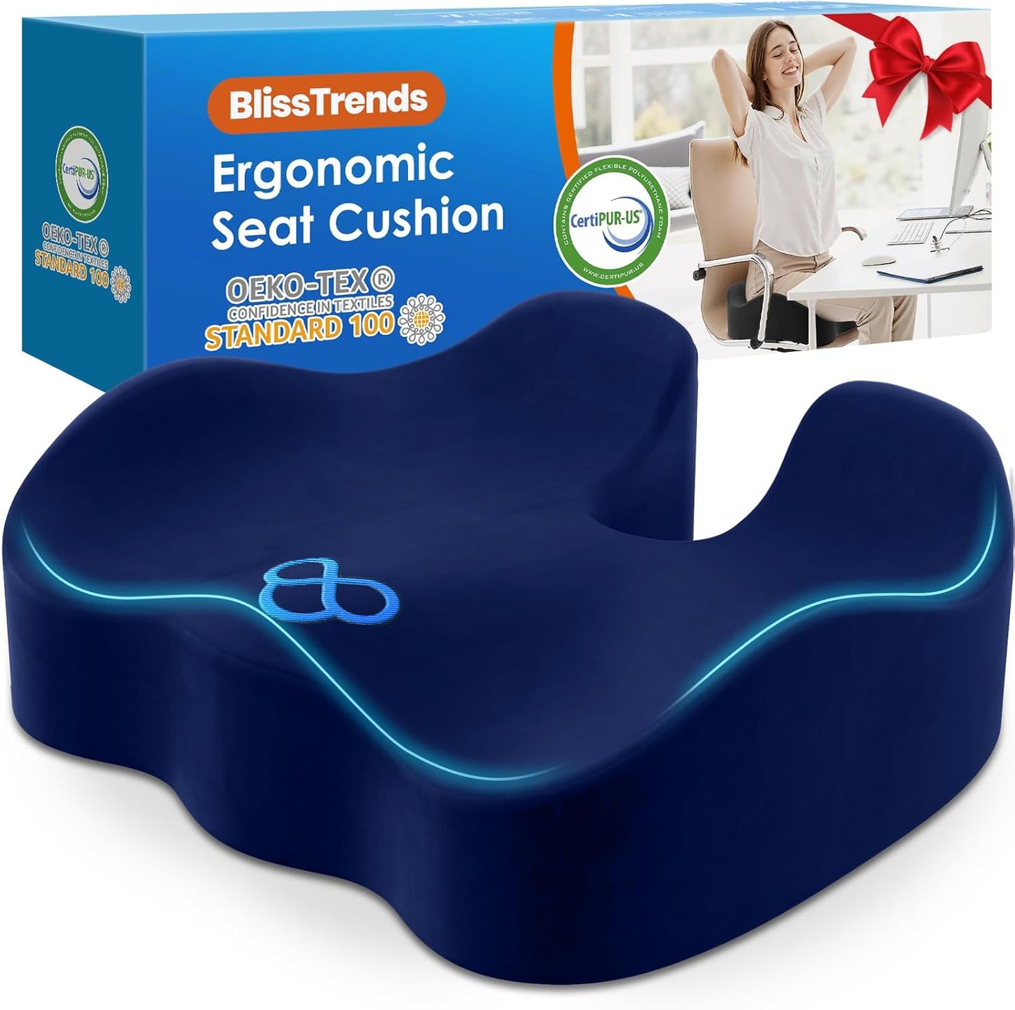 BlissTrends Seat Cushion with Velvet Cover, Thick Memory Foam Cushions for Office Chair, Car Seat, Airplane, Relieving Pressure Tailbone Sciatica Back Pain for Long Sitting, Car Drivers 4.7in Black