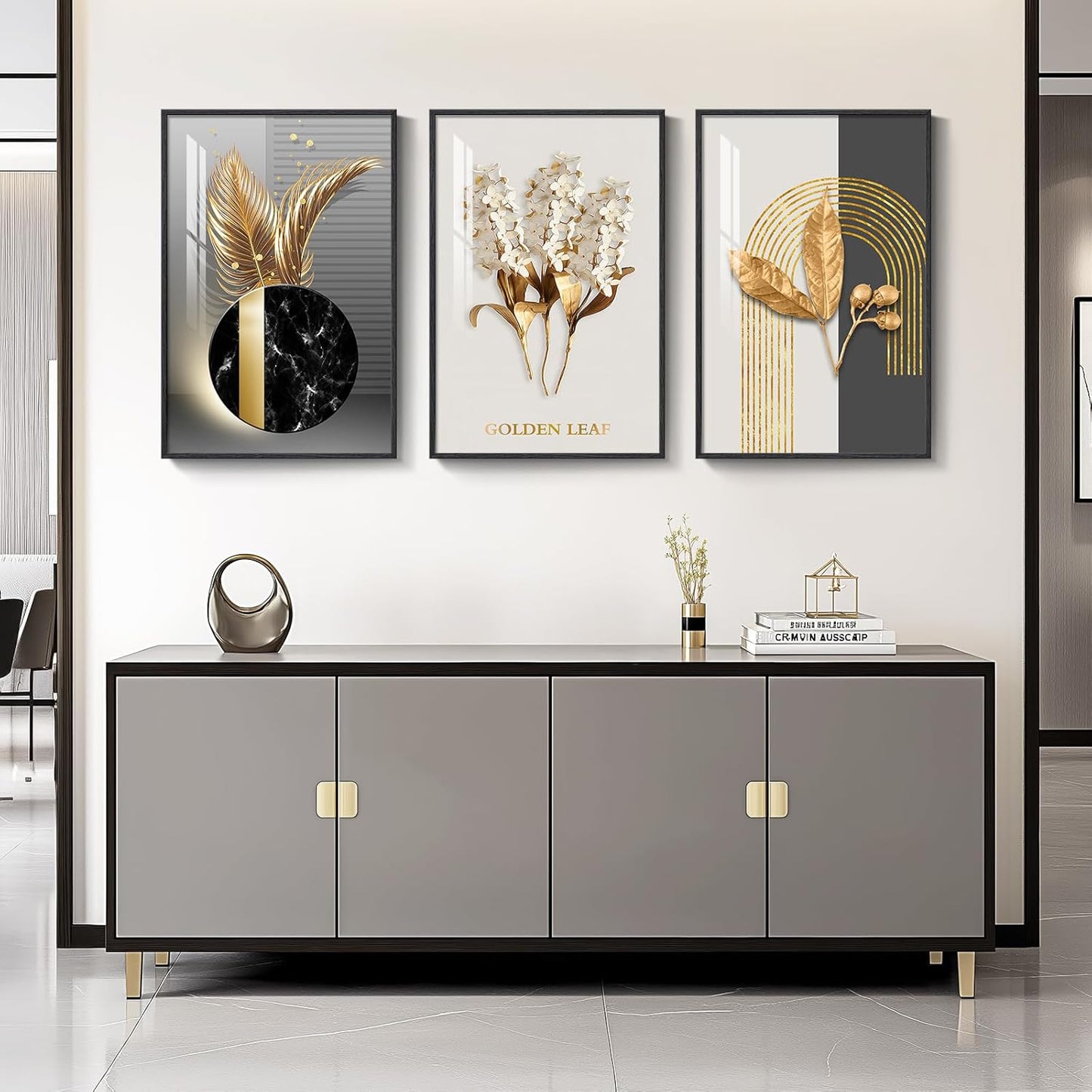Framed Modern Luxury Gold Wall Art, Set of 3 Piece Contemporary Paintings Artwork for Walls, Golden Prints Pictures with Gold Frame, Wall Decor for Living Room, Hallway, Bedroom, Office 16x24 Inch