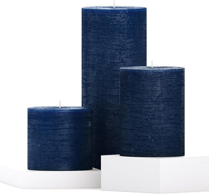 CANDWAX 3x4 inch Pillar Candles Set of 3 – Unscented Dripless Rustic Dark Blue Candles for Room Decor, Weddings, Centerpieces