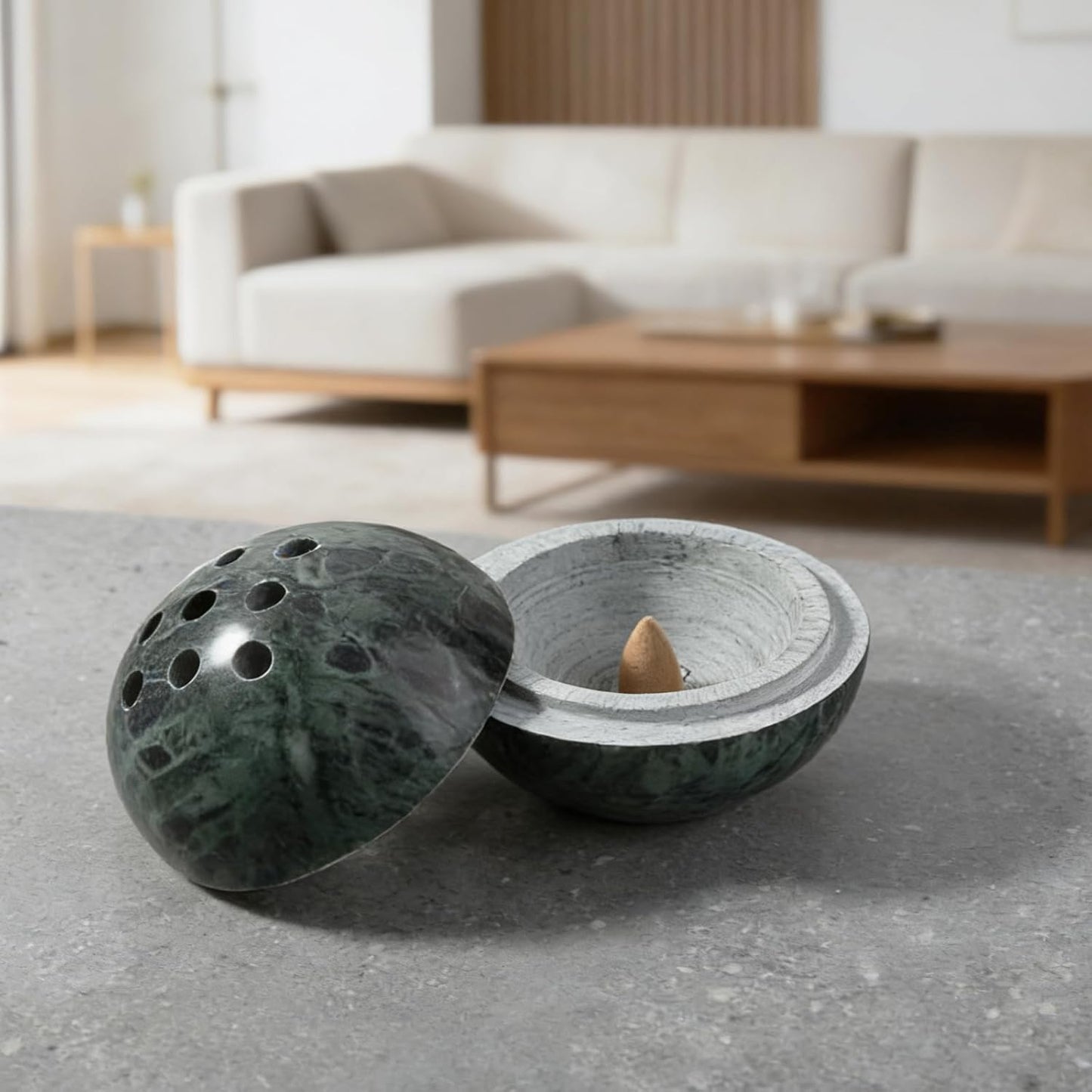 Koville Natural Marble Incense Holder, Incense Holder for Sticks with 9 Holes, Handmade Incense Burner Ash Catcher for Meditation Yoga SPA, Balsam Fir/Palo Santo/Sage/Cone (Green)