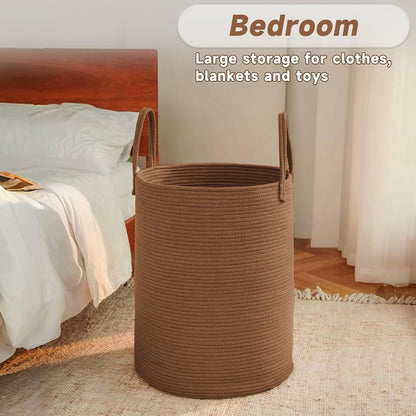 JMvicyroam Large Woven Laundry Basket Hamper,60L Cotton Rope Storage Bin for Blankets,Toys and Clothes,Decorative Tall Nursery Hamper for Living Room,Baby Nursery,Bathroom and Bedroom,Brown