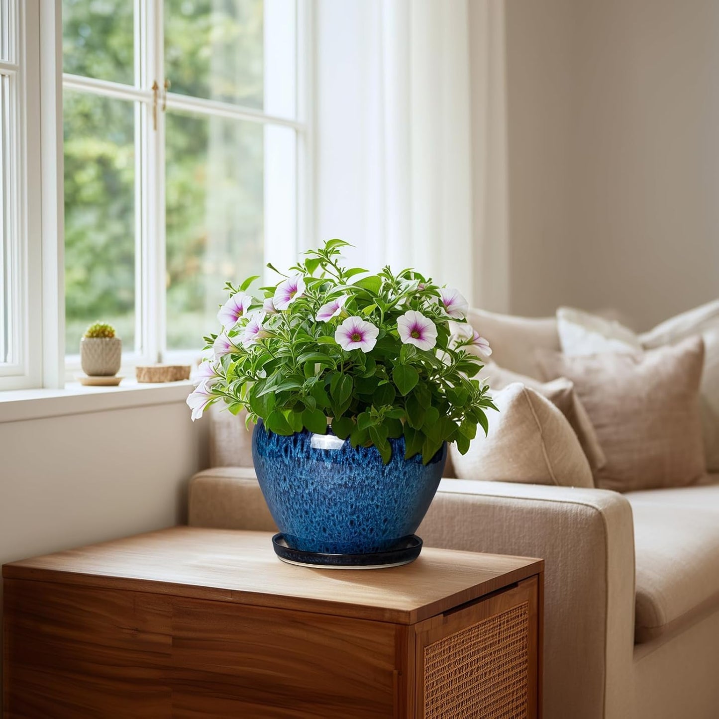 6 Inch Plant Pot - Ceramic Pots for Plants with Drainage Hole and Saucer, Round Succulent Planter Indoor Outdoor, Modern Flower Pot for Snake Plants, Home Decor, Gifts for Plant Lover, Blue