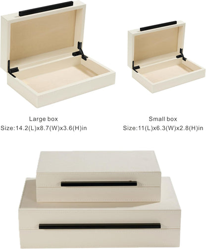 Sagala Set of 2 Ivory Shagreen Decorative Boxes With Brushed Gold Metal Handles, Faux Leather Jewelry Boxes Modern Storages Photo Memory Boxes Home Organizer Boxes (Ivory-Gold, 2pack)