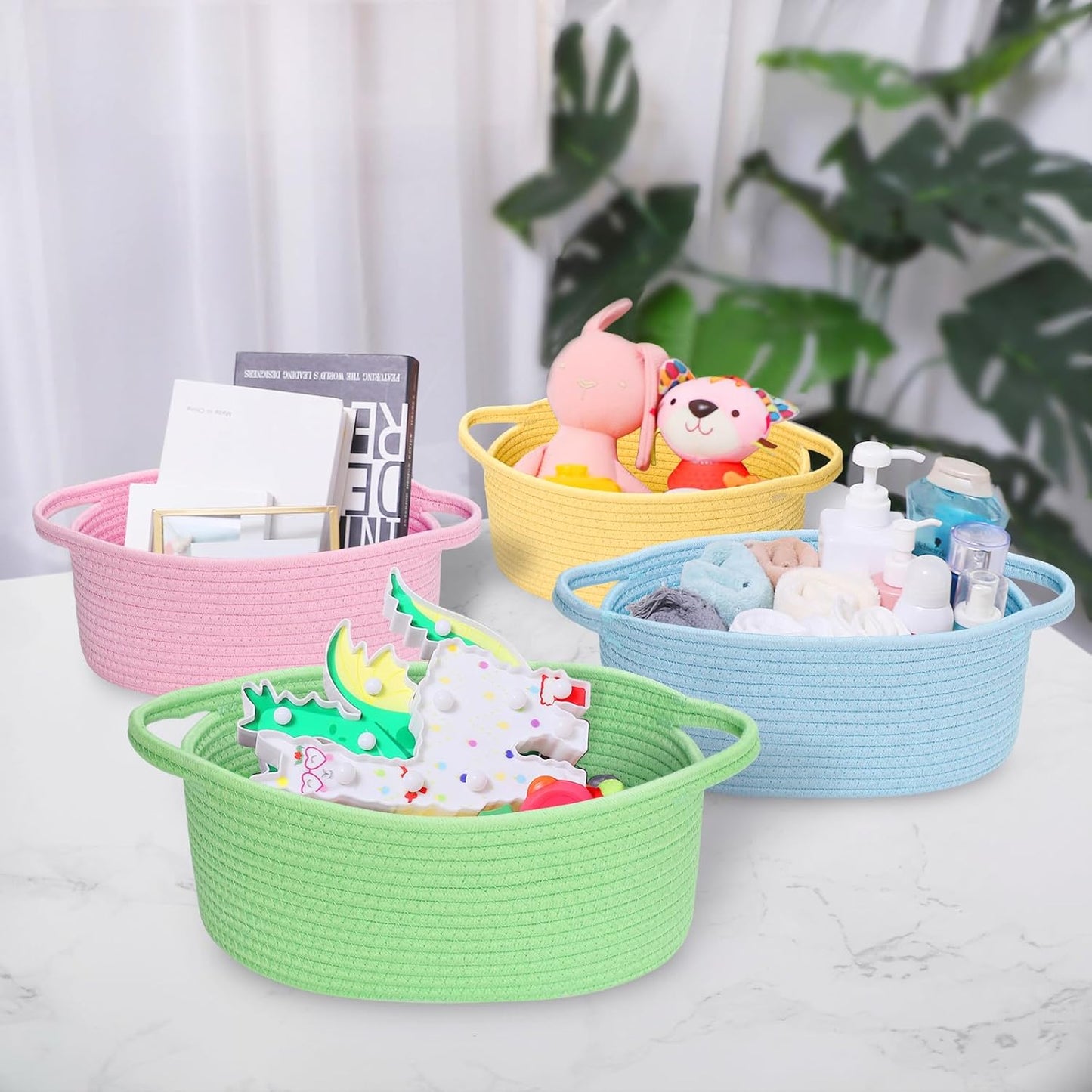 ABenkle Small Basket with Handles, Boho Decorative Rope Woven Dog Cat Toy Storage Bin Shelf Storage Organizer, Easter Christmas Gift Basket, 12"x8"x5", White