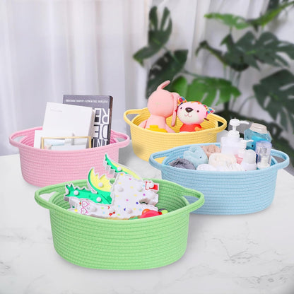 ABenkle Small Basket with Handles, Boho Decorative Rope Woven Dog Cat Toy Storage Bin Shelf Storage Organizer, Easter Christmas Gift Basket, 12"x8"x5", White