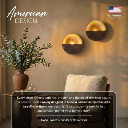 NativeSkins Eclipse Wall Candle Sconces Set of 2 – 6.5" Round Metal Tea Light Holders (3" Depth) with Gold Leaf Interior – Antique Nickel Decorative Accent for Bedroom, Hallway, Bathroom